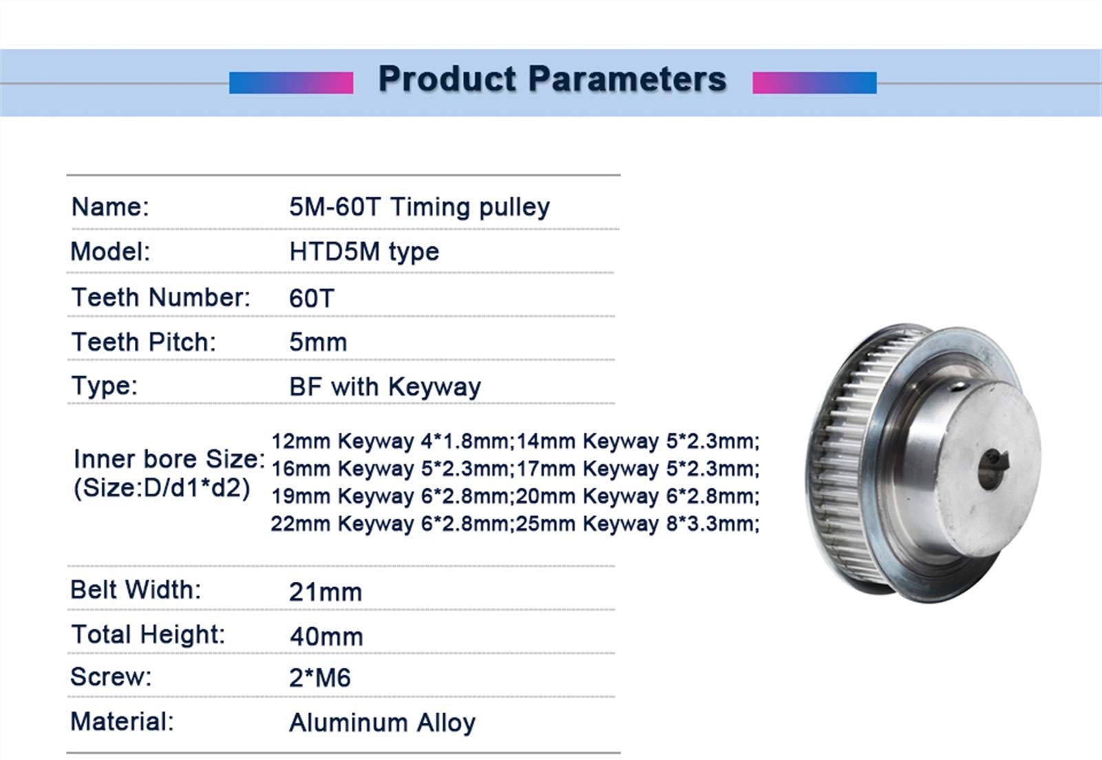 Xianglaa-Polea de distribución Polea de la correa dentada de la aleación de aluminio 60teeth, polea dentada HTD5M 60T, ancho de cinturón de 21 mm, 12/14 / 15 / 20mm Bore, 60teeth Polea de engranajes c