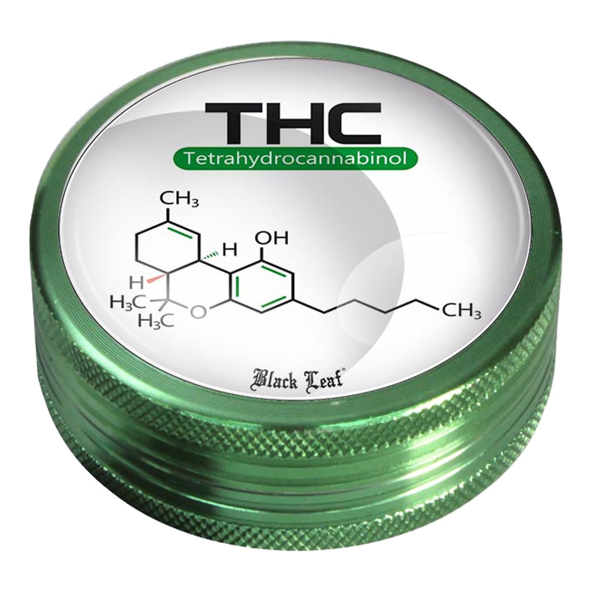 Black Leaf Aluminium Grinder THC - 50mm 2 Piece Green with Magnet Closure
