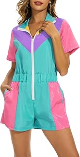 Yisfri Color Block One Piece Windbreaker Outfits for Women Neon Short Sleeve Zip Front Elastic Waist Jumpsuit Overall