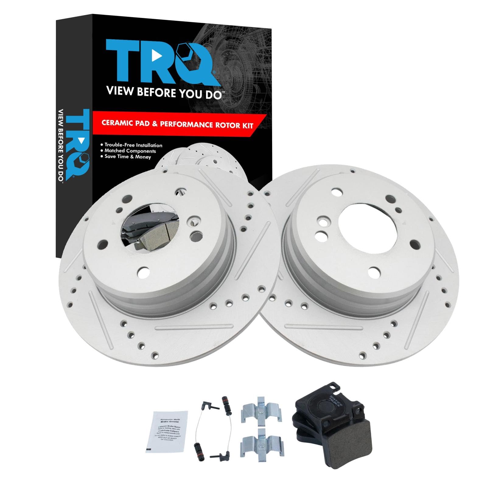 TRQ Performance Rear Brake Pad and Rotor Set Ceramic Coated Drilled Slotted Compatible with 1999 Mercedes-Benz E300