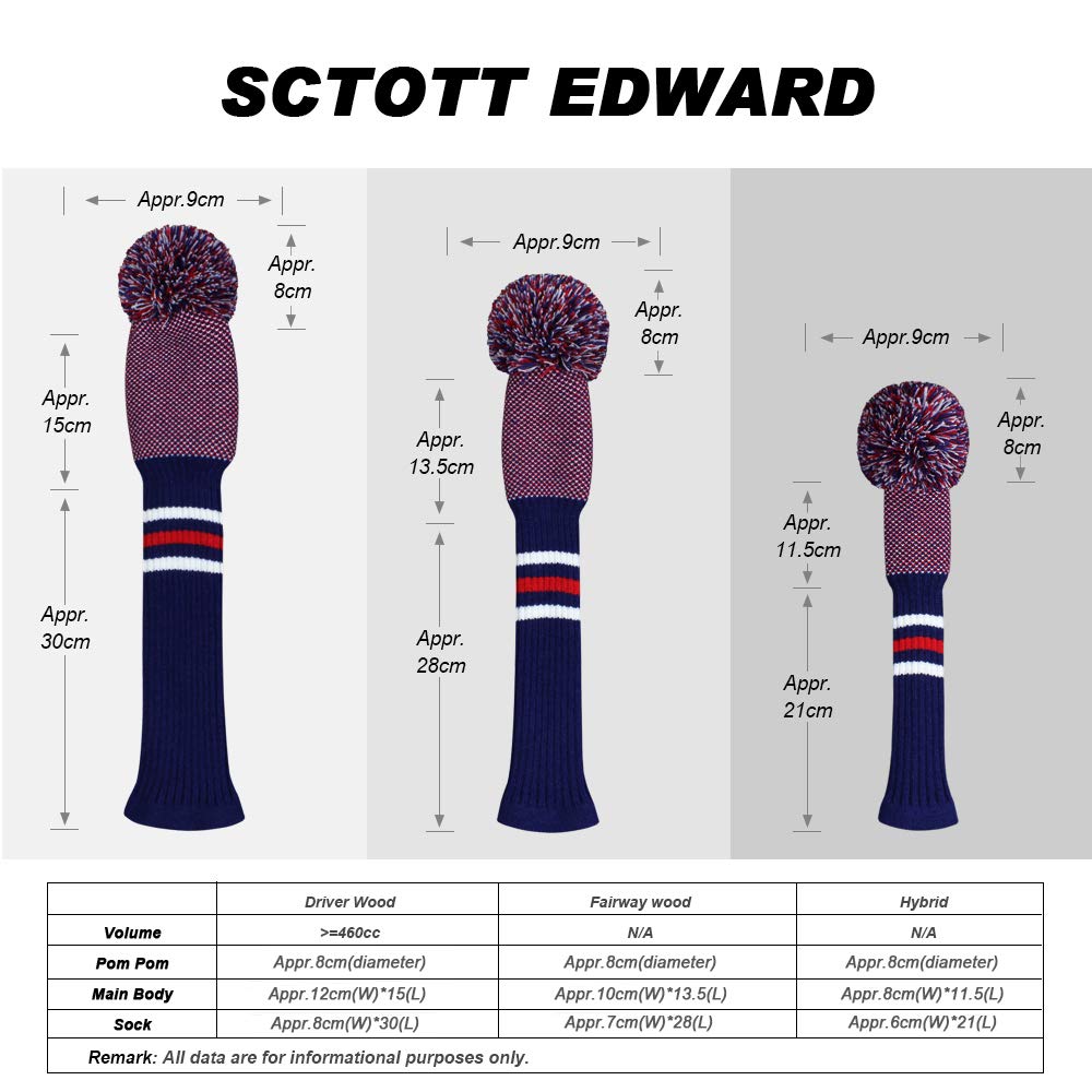 Scott Edward Lot de 3 Couvre-têtes de Golf pour Bois - Convient aux conducteurs (460 CC) - Fil Acrylique Hybride/UT avec Gros Pompons - Protège la tête du Club des Rayures et de la poussière