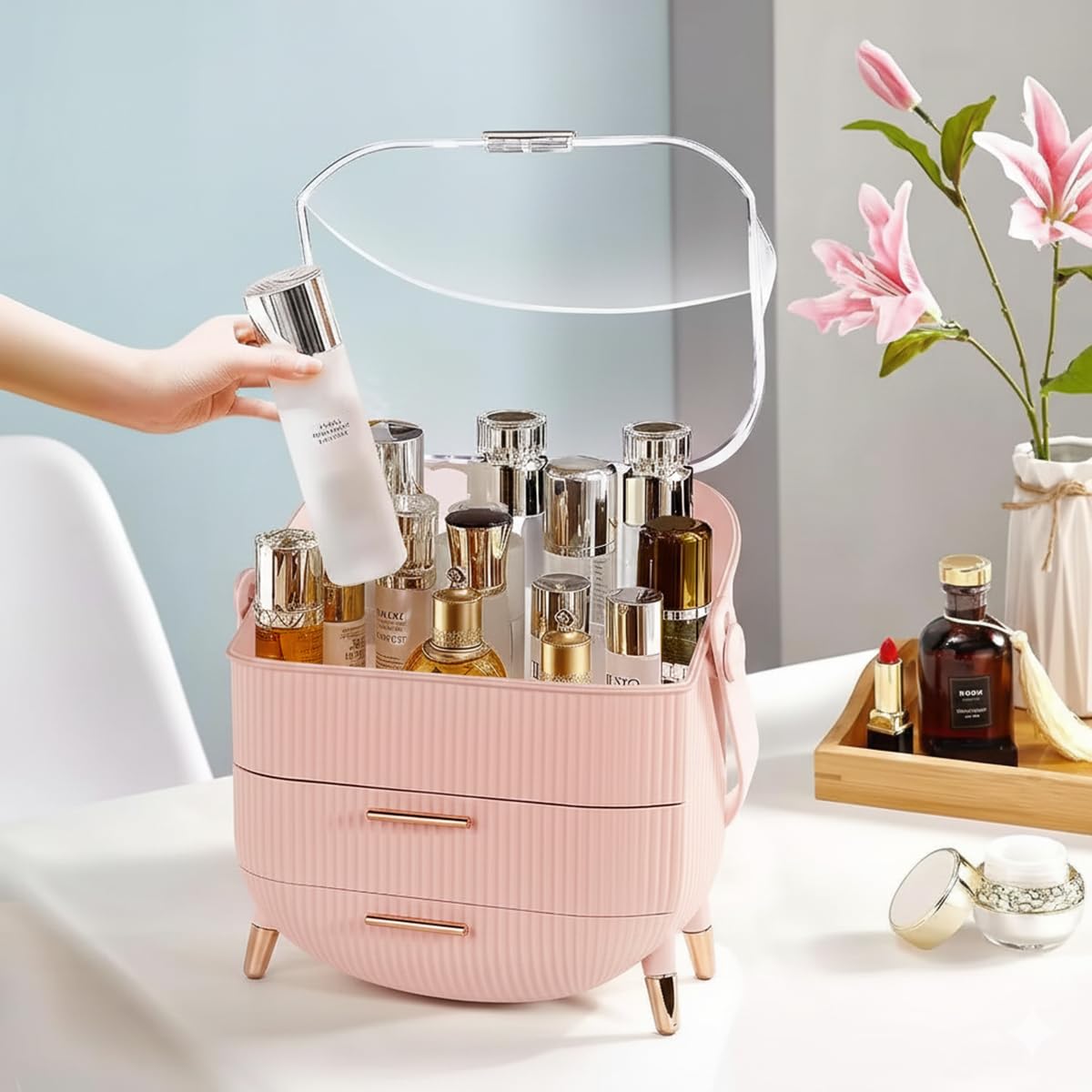 Make Up Organizer Kosmetik Aufbewahrungsbox Rosa tragbar für Schminktisch Badezimmer