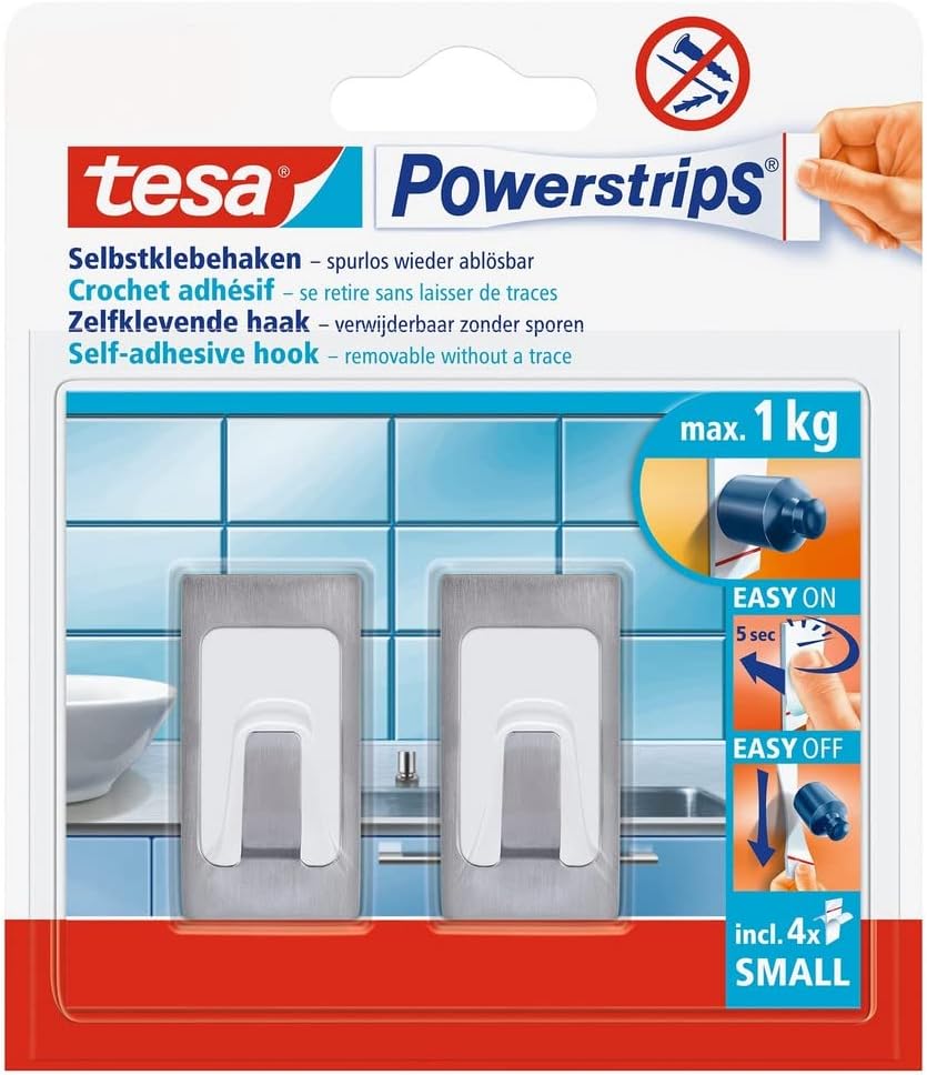 tesa UK Powerstrips Small Hooks with Removable Adhesive Pads - Brushed Stainless Steel, 2 Hooks