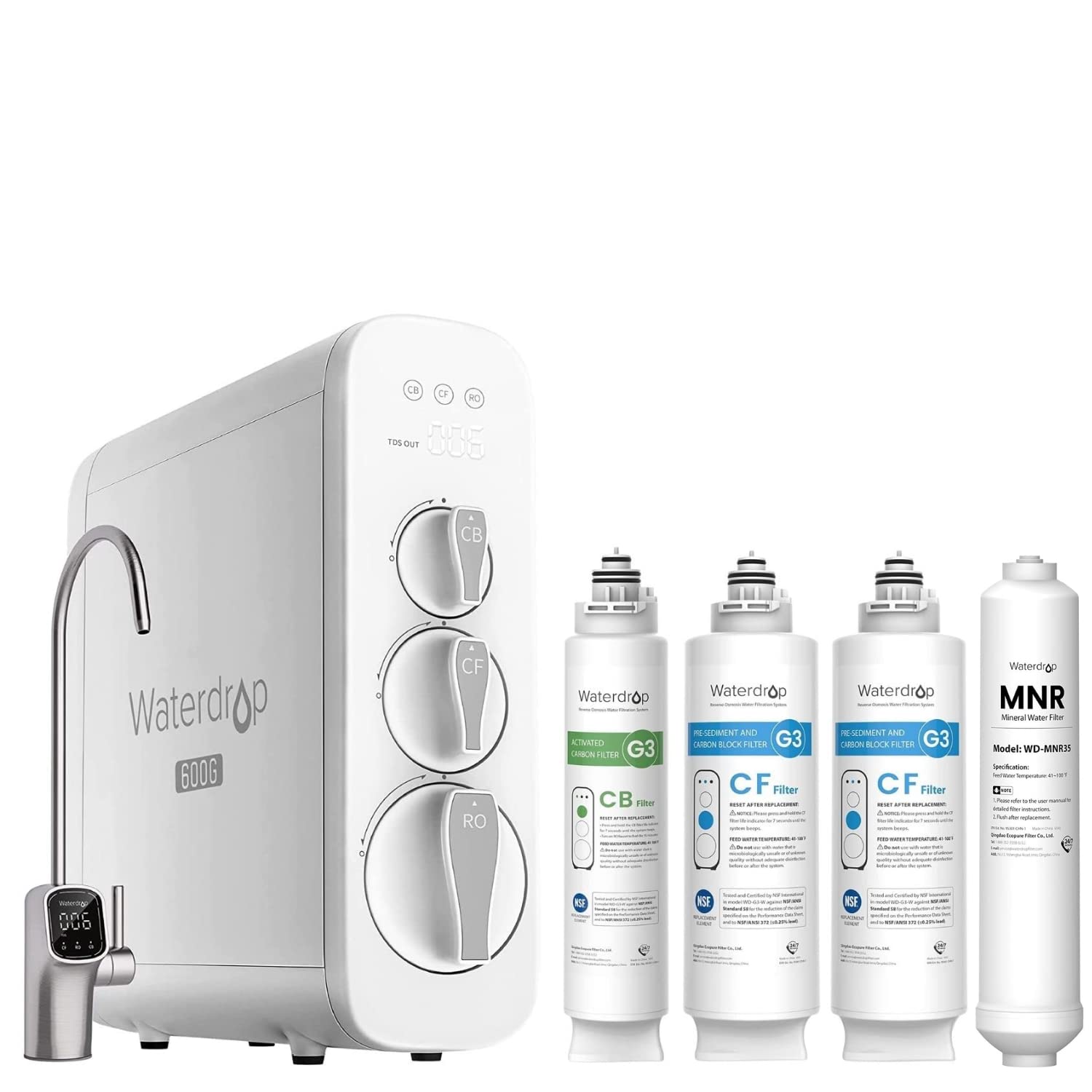 Waterdrop G3P600 Reverse Osmosis System with MNR, 2CFCB, NSF Certified
