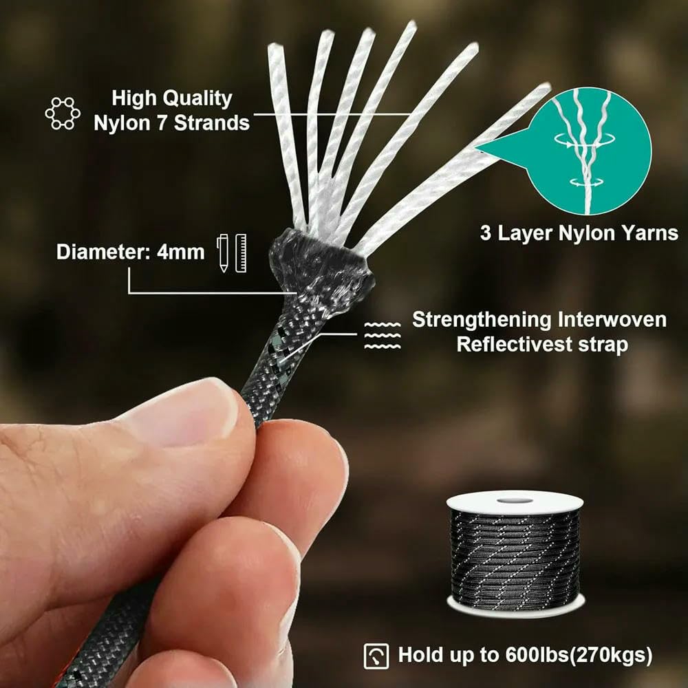 Cuerda Paracord 550 Reflectante de 7 hebras y 4 mm para Tienda de campaña Accesorios de Supervivencia para Acampada Cuerda de paracaídas de Advertencia cordón para toldo de Senderismo
