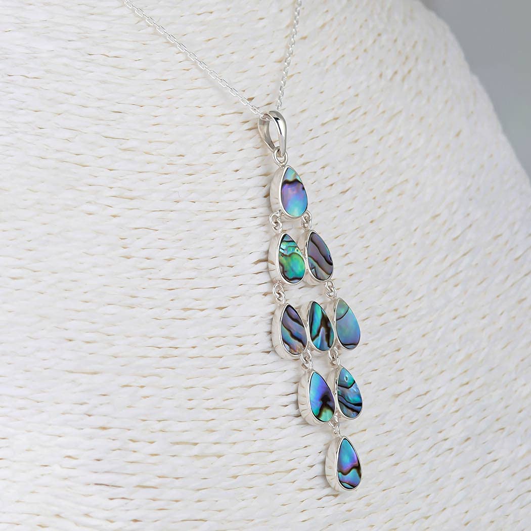Aden Pendentif Collier Femme Argent 925 & Nacre Abalone – Chandelier Gouttes Multicolores – Modèle ONDINE – Reflets Iridescents Naturels