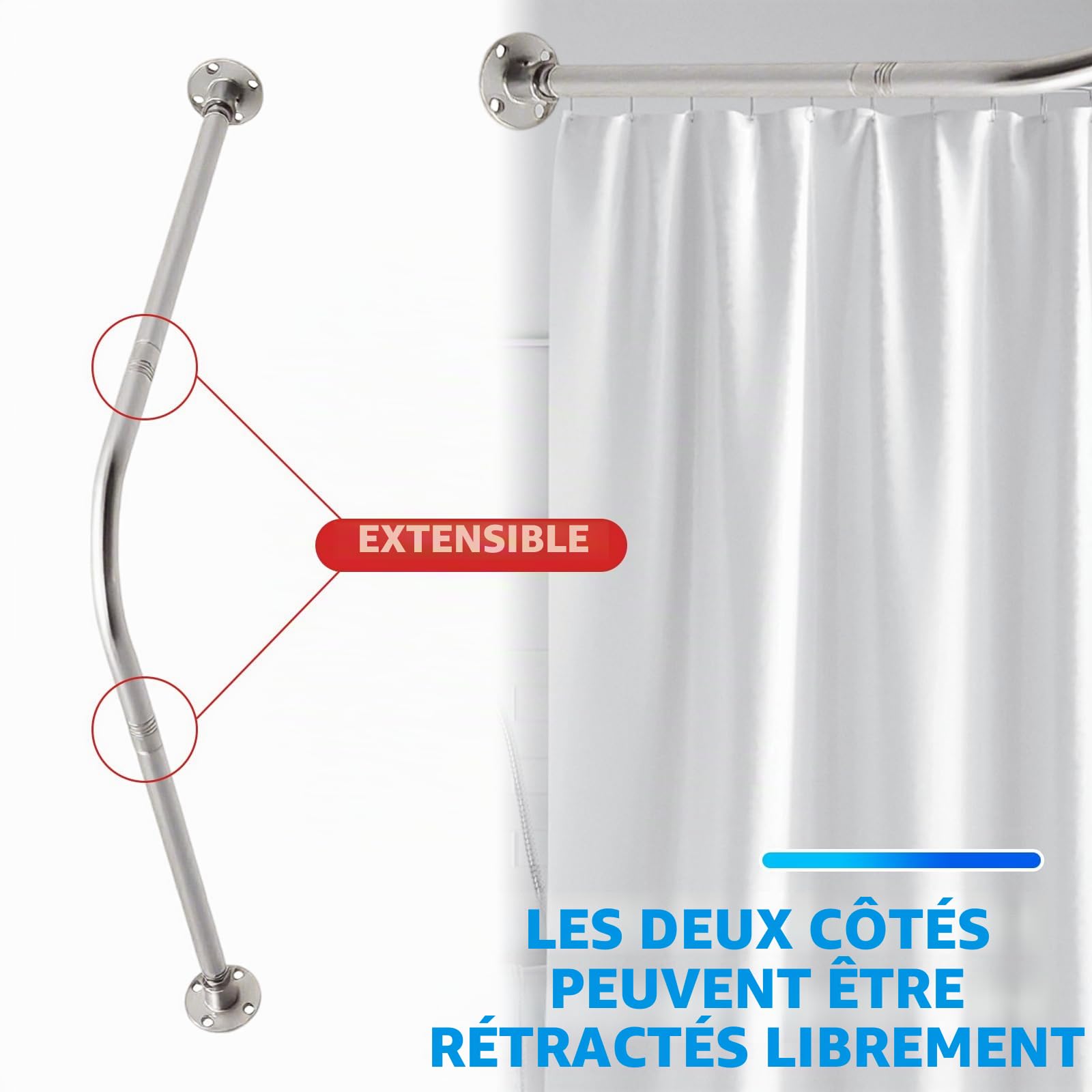 L Form Tringle à Rideau de Douche 68-98cm x 68-98cm Réglable,pas de s'affaissement,en Acier Inoxydable,90 degrés sur l'angle,pour Salle de Bain Baignoire,Magasin de Vêtements, Espace Privé
