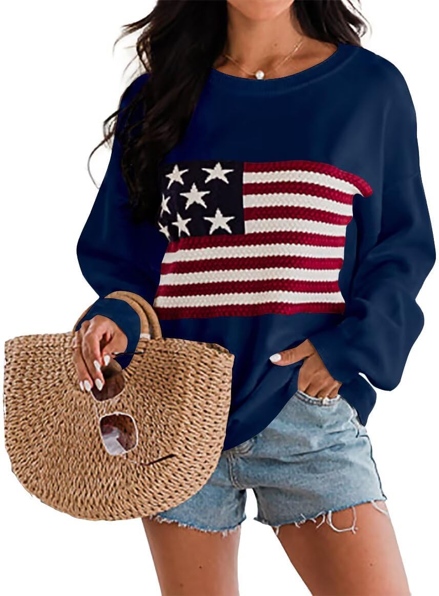 Dressmine Womens American Flag Sweater Knit Long Sleeve Crew Neck Graphic Elegant Soft Loose Pullover