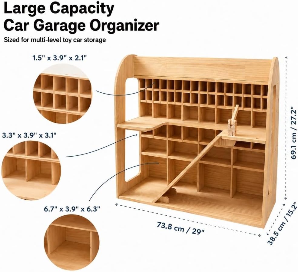 Wooden Toy Car Garage, Pine Wood Parking Garage with Ramp, Kids Vehicle Storage Organizer, Multi-Level Display Shelf for Playroom, Gift for Boys and Girls