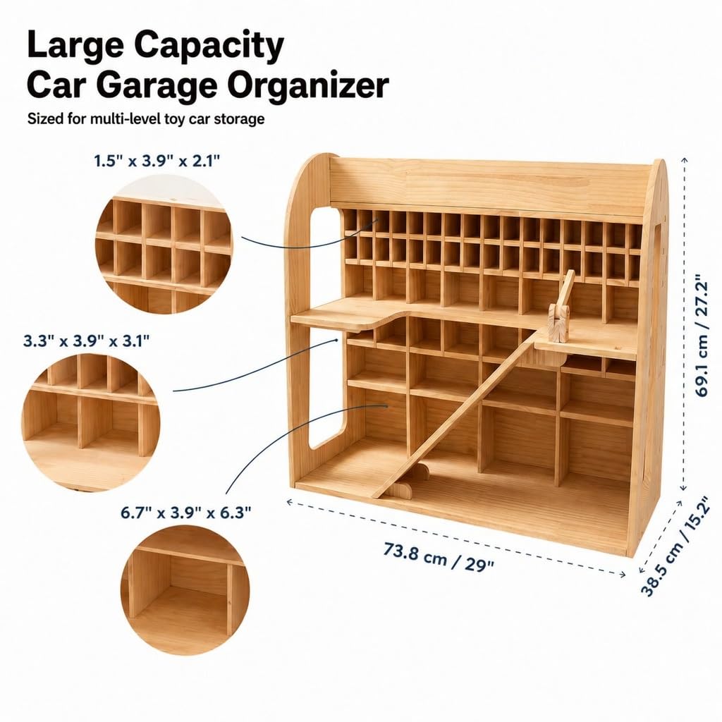 Garage per auto giocattolo in legno, garage in legno di pino con rampa, organizer per veicoli per bambini, scaffale espositore a più livelli per sala giochi, regalo per ragazzi e ragazze