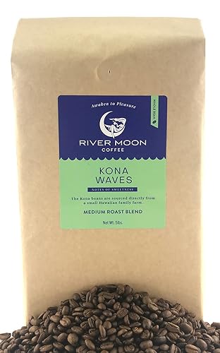 Miniatura 5 de River Moon Coffee, Kona Coffee - Grano entero, tostado medio, 5 libras, mezcla de café hawaiano Kona Waves, 100% arábica, 80 onzas