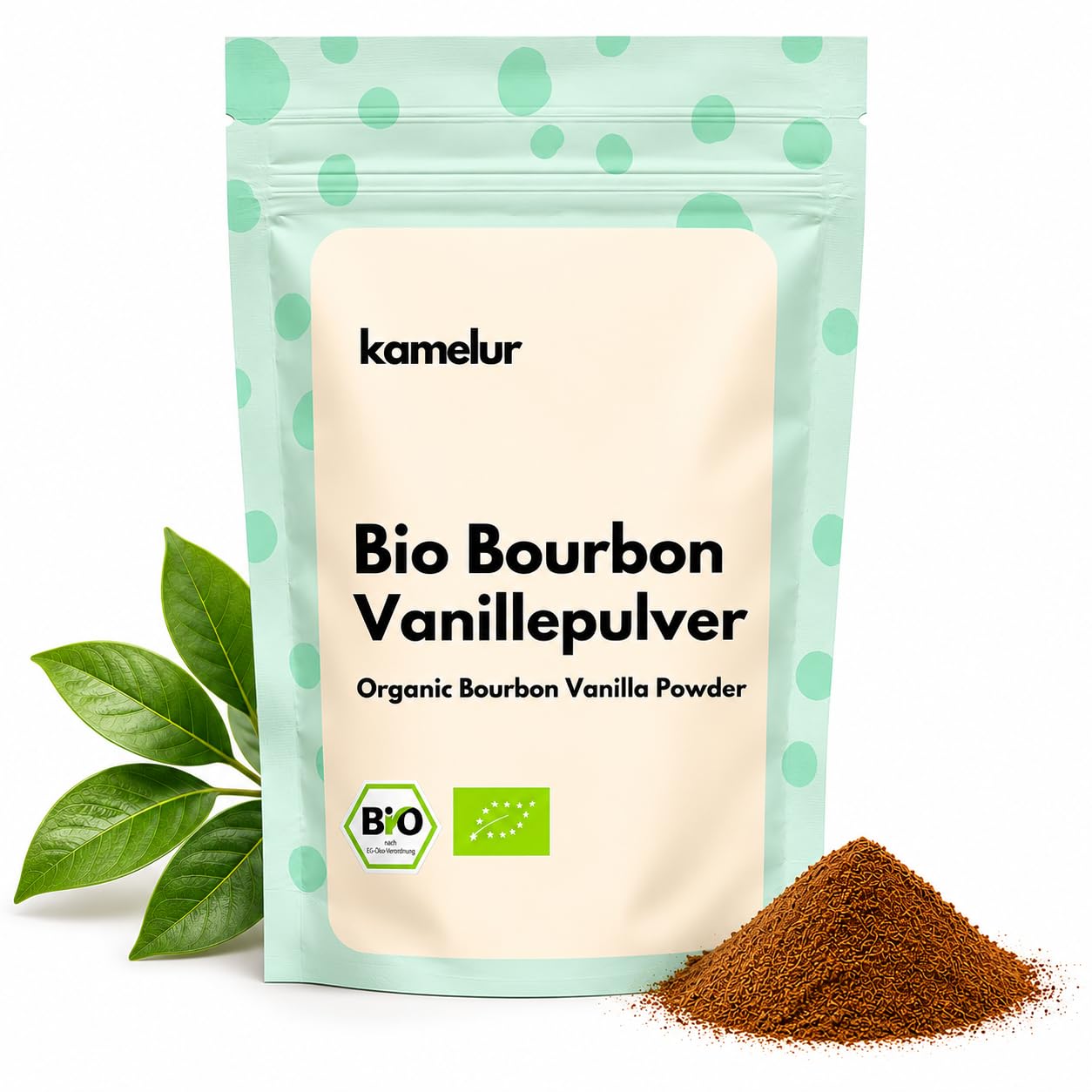 Kamelur 100g de vanille Bourbon BIO véritable moulue de Madagascar - poudre de vanille Bourbon BIO aromatique, sans additifs - conditionnée dans un emballage biodégradable
