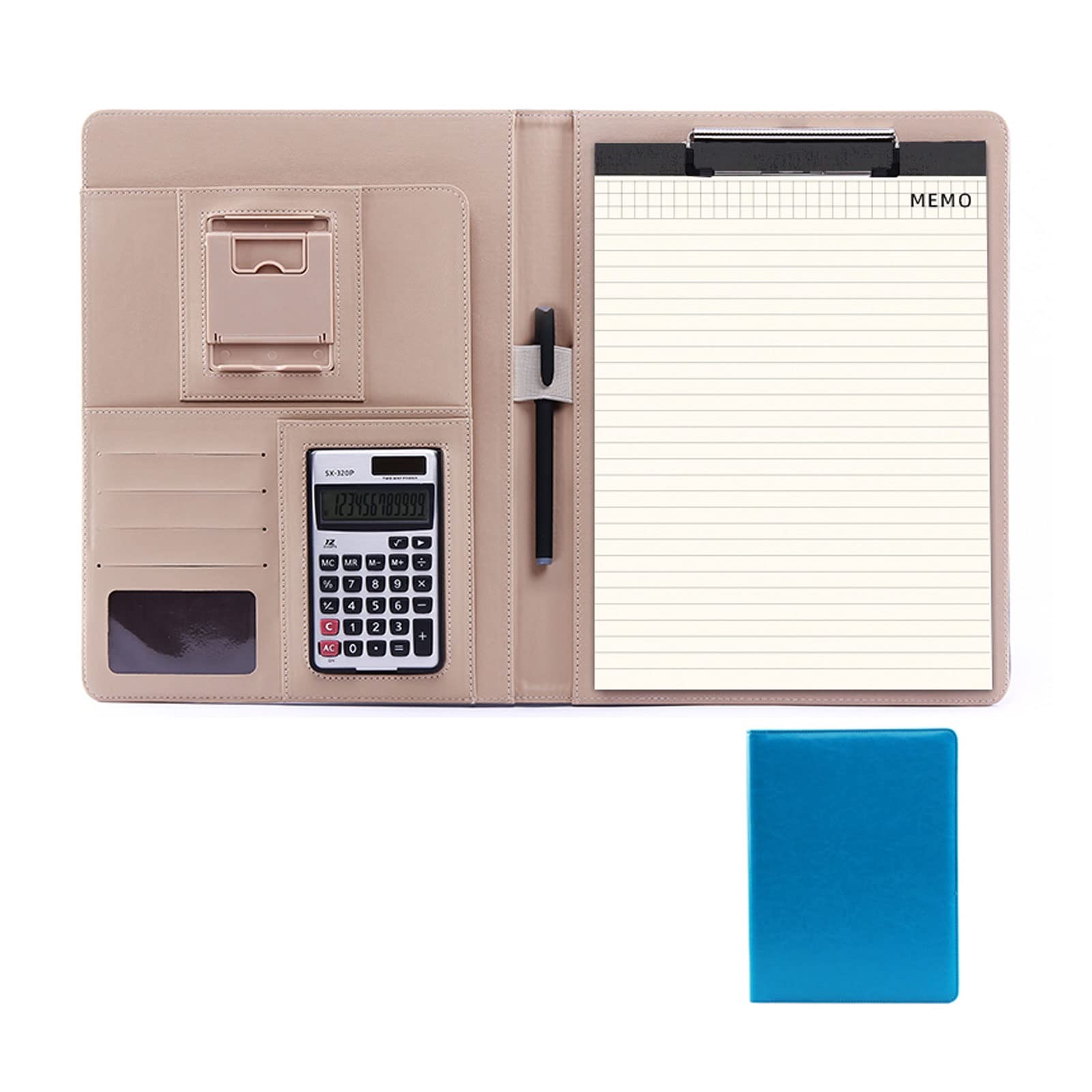 Porte-documents A4 en cuir PU bleu avec calculatrice 12 chiffres pour bureau