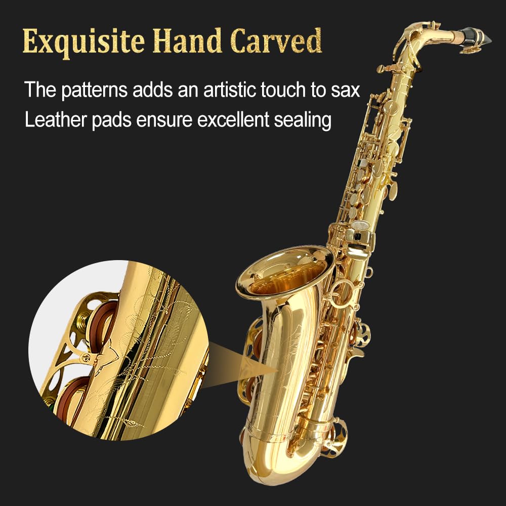 Saxophone alto débutant pour adultes et étudiants, saxophone Eb professionnel en laiton, étui, embouchure, anches, gants, chiffon de nettoyage et brosse (doré)
