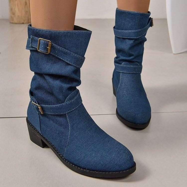 Denim Booties for Women Denim Round Toe Boots for Women with Buckle Casual Short Boot Pull On Low Heel Boots4