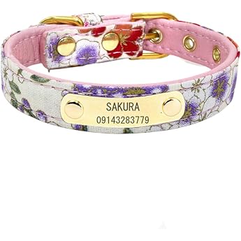 THAIN Dog Collar with Name, Personalized Collar with ID Tag, Adjustable Size, Pet Name and Contact Phone Engravable, Free Engraving, Stylish Japanese Pattern Pink, S