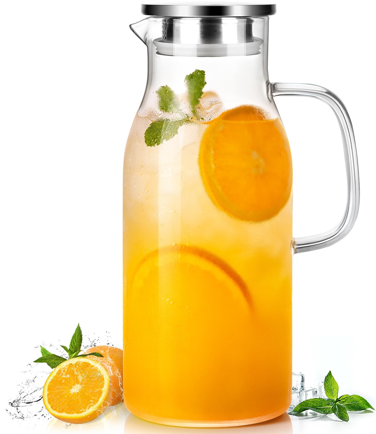 LUNA&MANTHA Glass Pitcher, 2 Liter 68oz Water Pitcher with Lid and Spout, Large Ice Tea Jug for Fridge, Thick Drink Jug with Handle for Juice, Coffee, Borosilicate Glass Carafe Hot/Cold Beverage