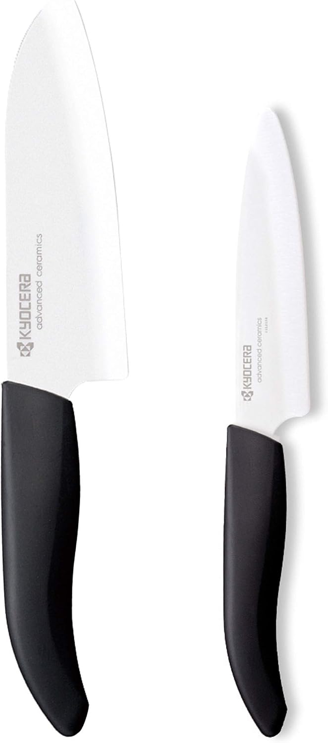 Kyocera Round, 6-8 knives, including a Santoku and a paring knife block, plastic, ceramic, black, stainless steel, 11 x 11 x 22.5 cm, 3 units.