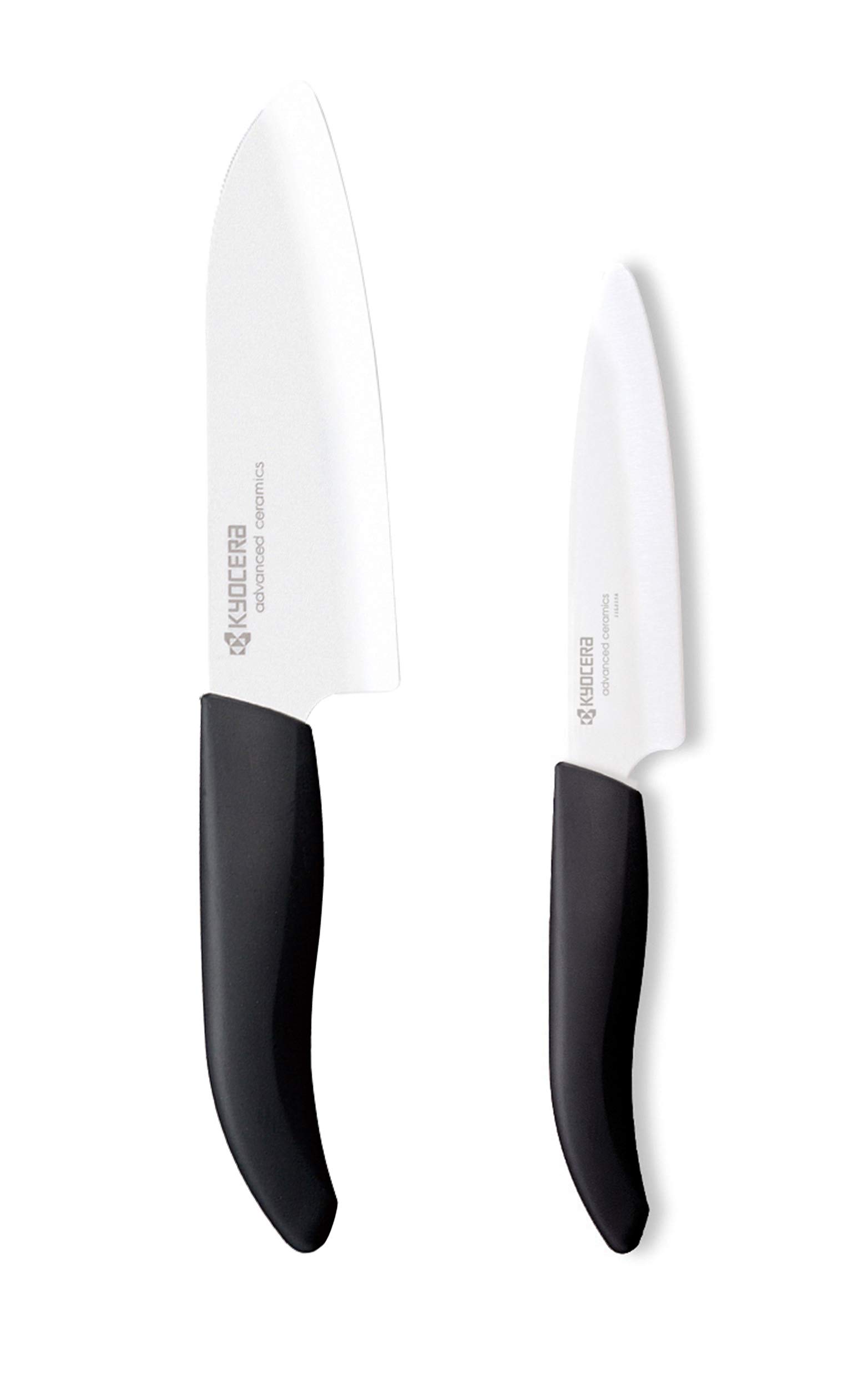 Set de Couteaux en céramique Kyocera avec Couteau Universel 11 cm, Couteau Santoku 14 cm et Bloc de Couteaux Rond pour 8 Couteaux, Lame en céramique zircone, rectifiée à la Main, KB-RD BK 2KN EU