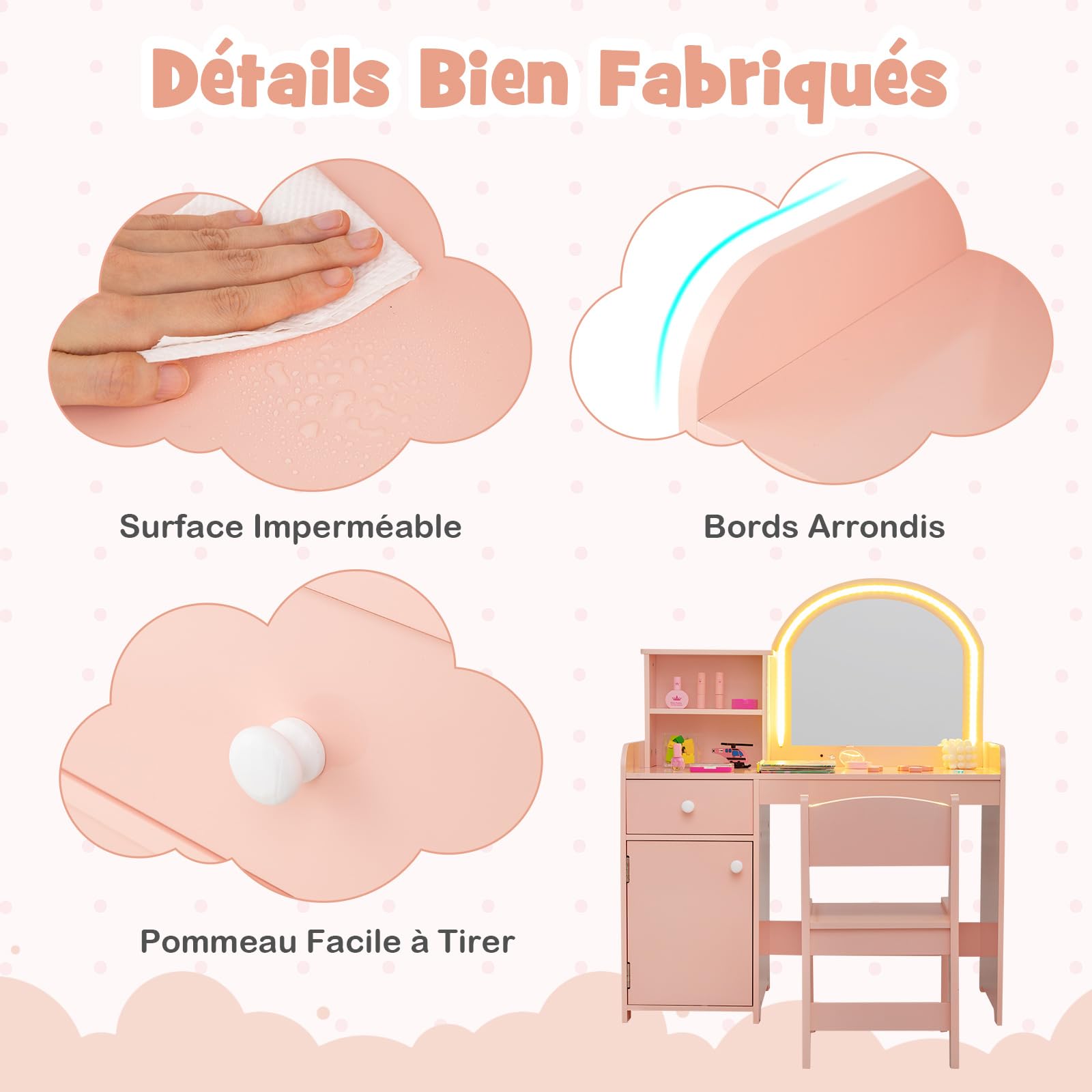 COSTWAY 2 en 1 Bureau Enfants avec Chaise & 120 Lumières LED, Coiffeuse Enfants Fille avec Miroir Acrylique, 2 Etagères & Tiroir, Dispositif Anti-basculement, Charge 50kg pour 3 Ans+ (Rose Clair)
