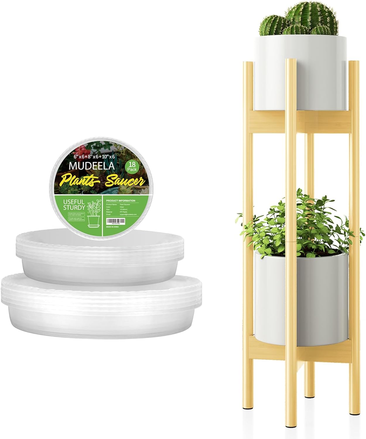 MUDEELA 6" 8" 10" Plant Saucers 18 Pack and Plant Stand Natural 2 Pack or 2 Tier