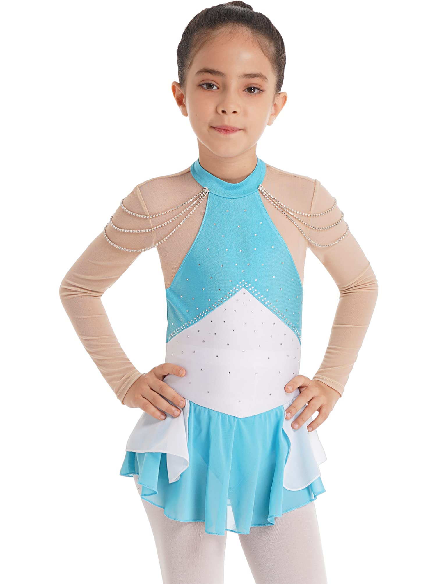 Kids Girls Long Sleeve Rhinestone Chain Mesh Patchwork Dance Costume Figure Ice Skating Dress Lyrical Dress Blue 10 Years
