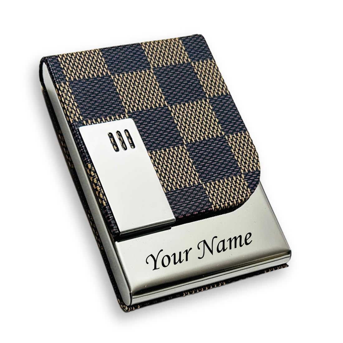 Mini2buy Customized Unisex Vertical Card Holder Name Engraved for Credit|Debit|ATM|Business Visiting RFID Blocking Stainless Steel (1 x 10 x 6 cm) Personal Corporate Gift (LV Brown)-image-4