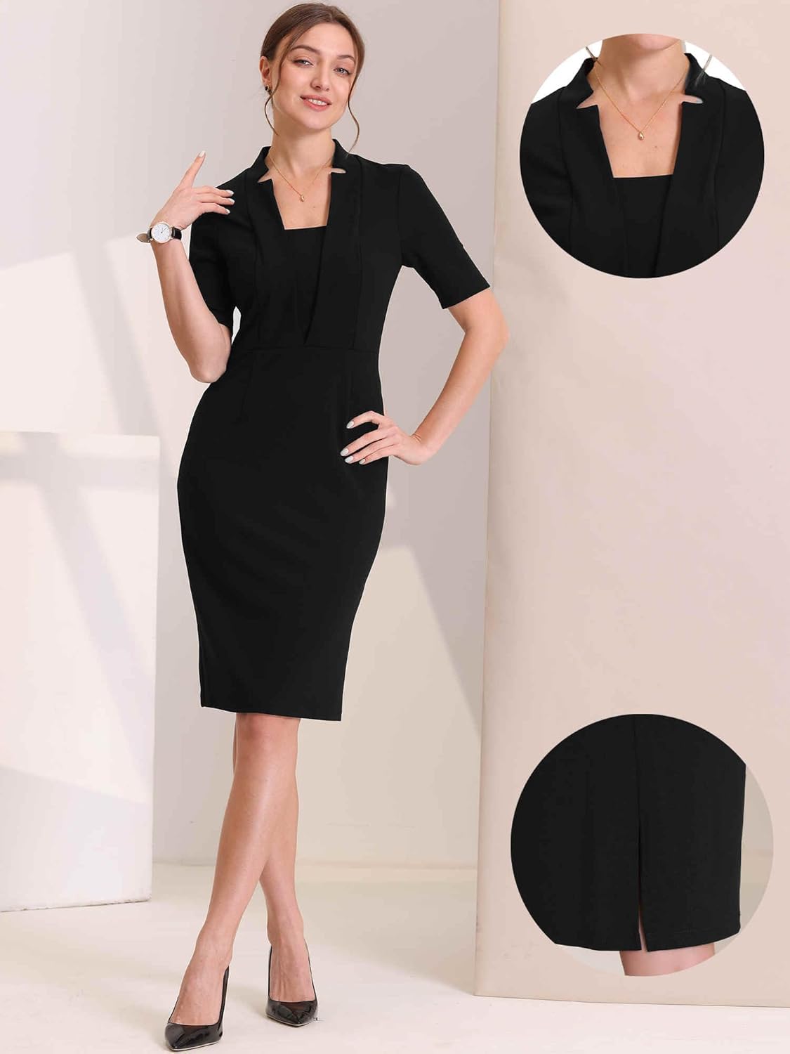 Allegra K Formal Pencil Dress for Women's Short Sleeve Work Office Bodycon Sheath Dresses - Image 2