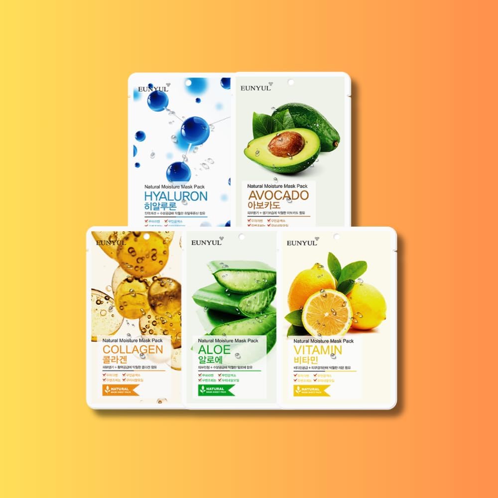 EUNYULK-Beauty Moisture Sheet Masks, Assorted Variety (5-Pack) – Natural Hydrating Facial Mask Set, Made in Korea