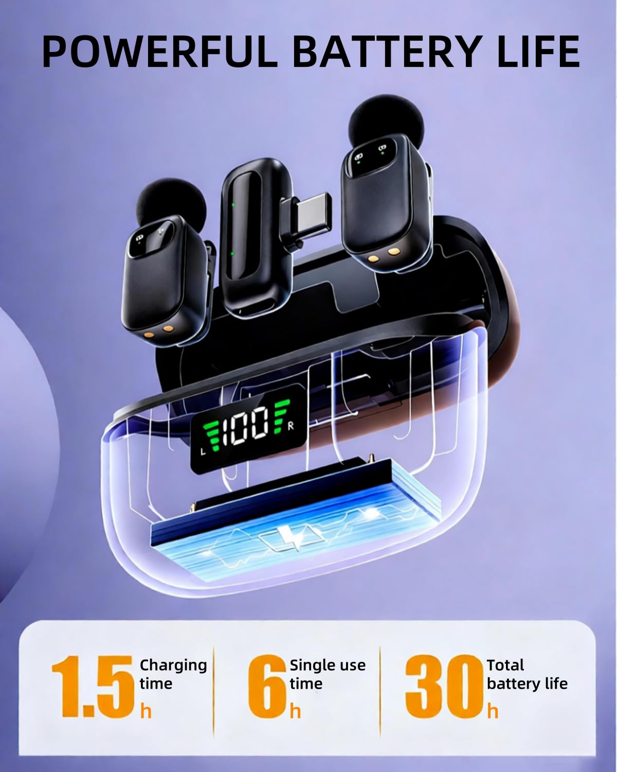 Microfono lavalier wireless per iPhone/fotocamera/laptop con custodia di ricarica, riduzione del rumore di terzo livello, durata della batteria 30H, microfono da bavero wireless per