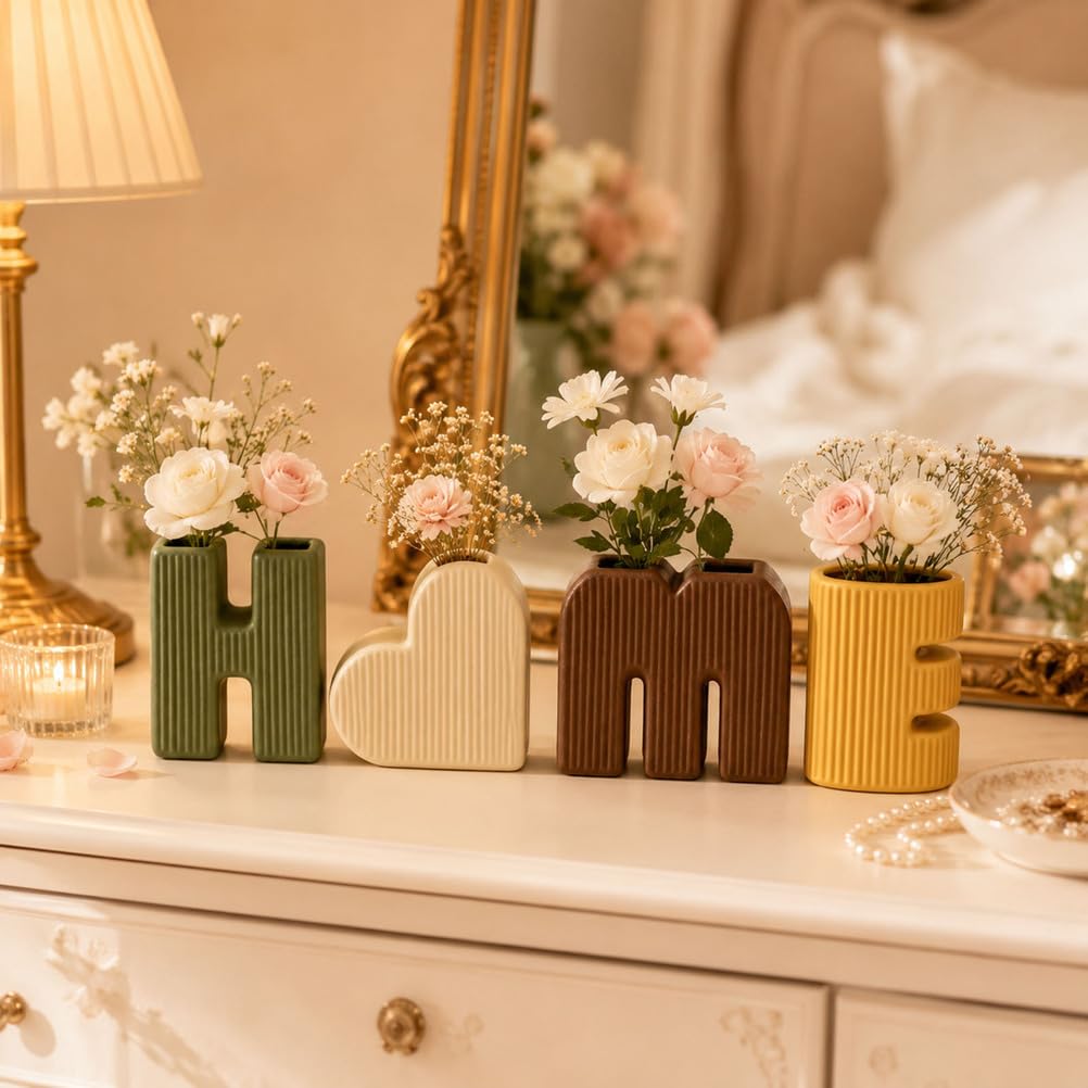 Keramik Deko Vasen 4er Set Home Form Moderne Blumenvasen | Boho Nordisch Wohnzimmer Couchtisch Regal Büro Eingangsbereich Bauernhaus Tischdeko Wohnaccessoire Dekorativ Minimalistisch