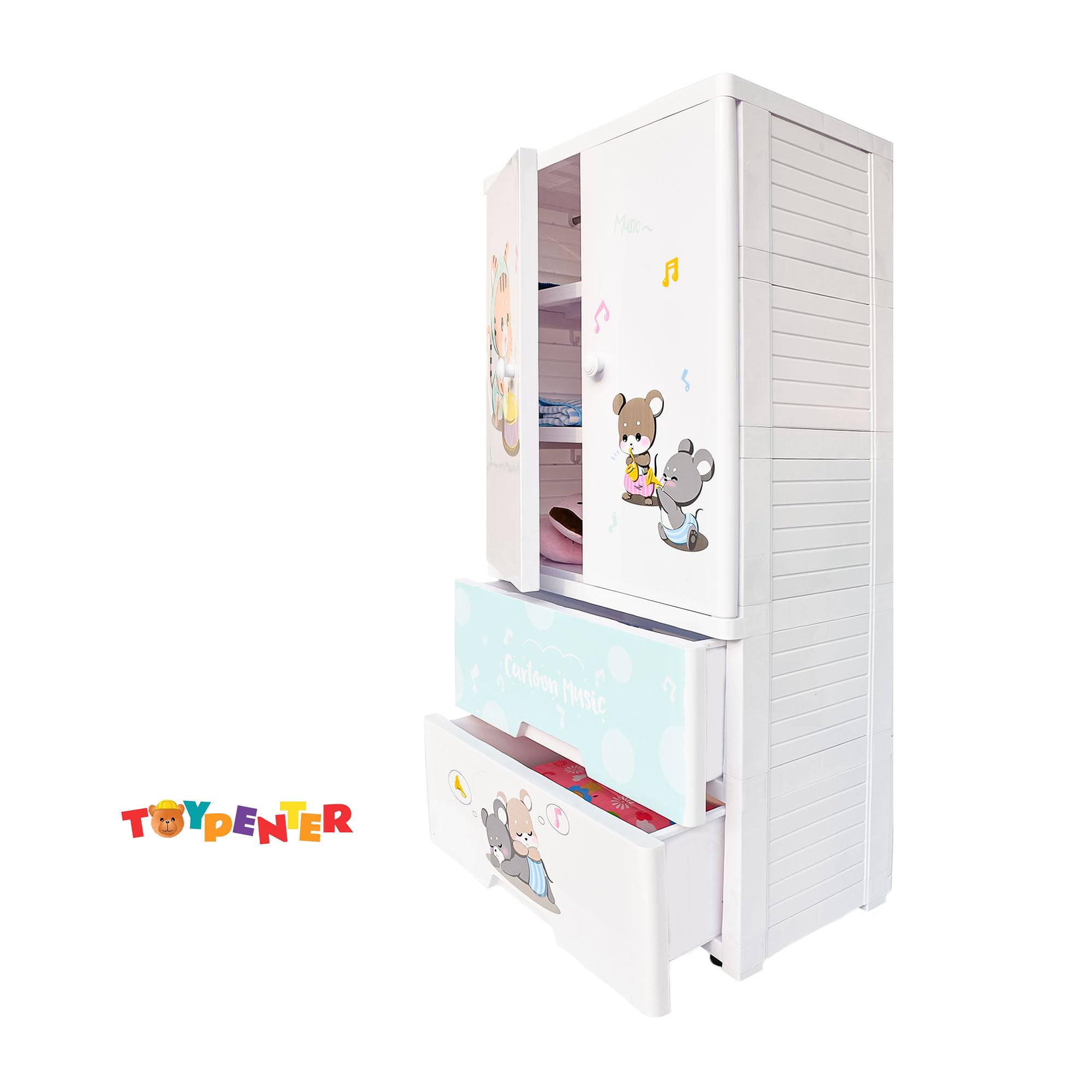TOYPENTER Pp, Plastic Collapsible Kids Clothing Wardrobe | Cupboard for Bedroom | Almirah for Kids | Waterproof & Multipurpose Baby Storage with 3 Adjustable Drawers (Cartoon Music_2D) 1