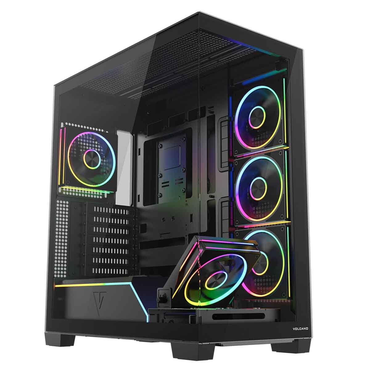 MODECOM Volcano STELLAR Plus ARGB Caja de gaming negra | Caja de ordenador de torre media con 5 ventiladores | Caja ATX para PC de alto rendimiento | Flujo de aire optimizado y ventana de visión |