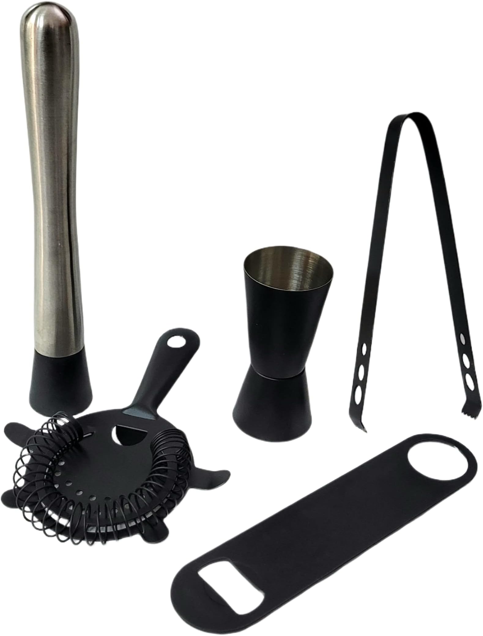 Stainless Steel Barware and Bar accessories kit 5 pieces pack Peg Measure for 60ml and 30ml, muddler, stainer, ice tong and opener in Black Mett color for mini restro bar home bar home and kitchen and for all kind of parties