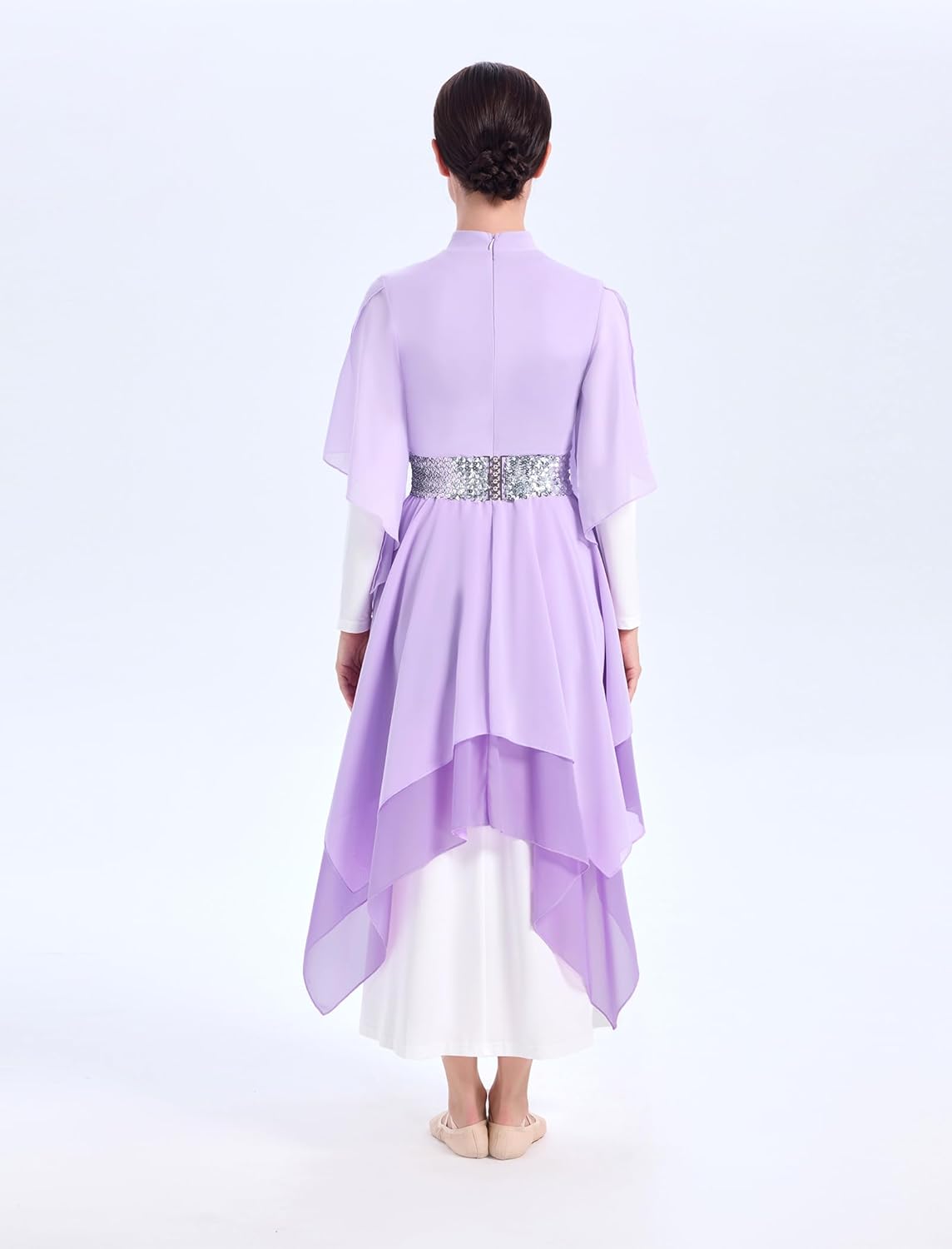 AFAVOM Metallic Praise Dance Dresses for Women Ruffle Color Block Worship Overlays Tunics Liturgical Dancewear with Waistband