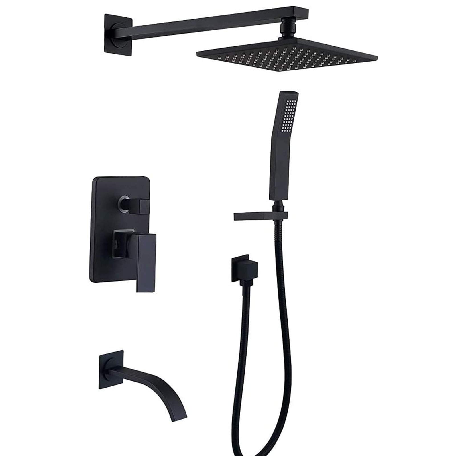 Juegos de grifos de Ducha Negros, Grifo de bañera con Cabezal de Ducha de Lluvia de 8'', caño de bañera en Cascada y Cabezal de Ducha de Mano, Sistema de bañera de baño montado en