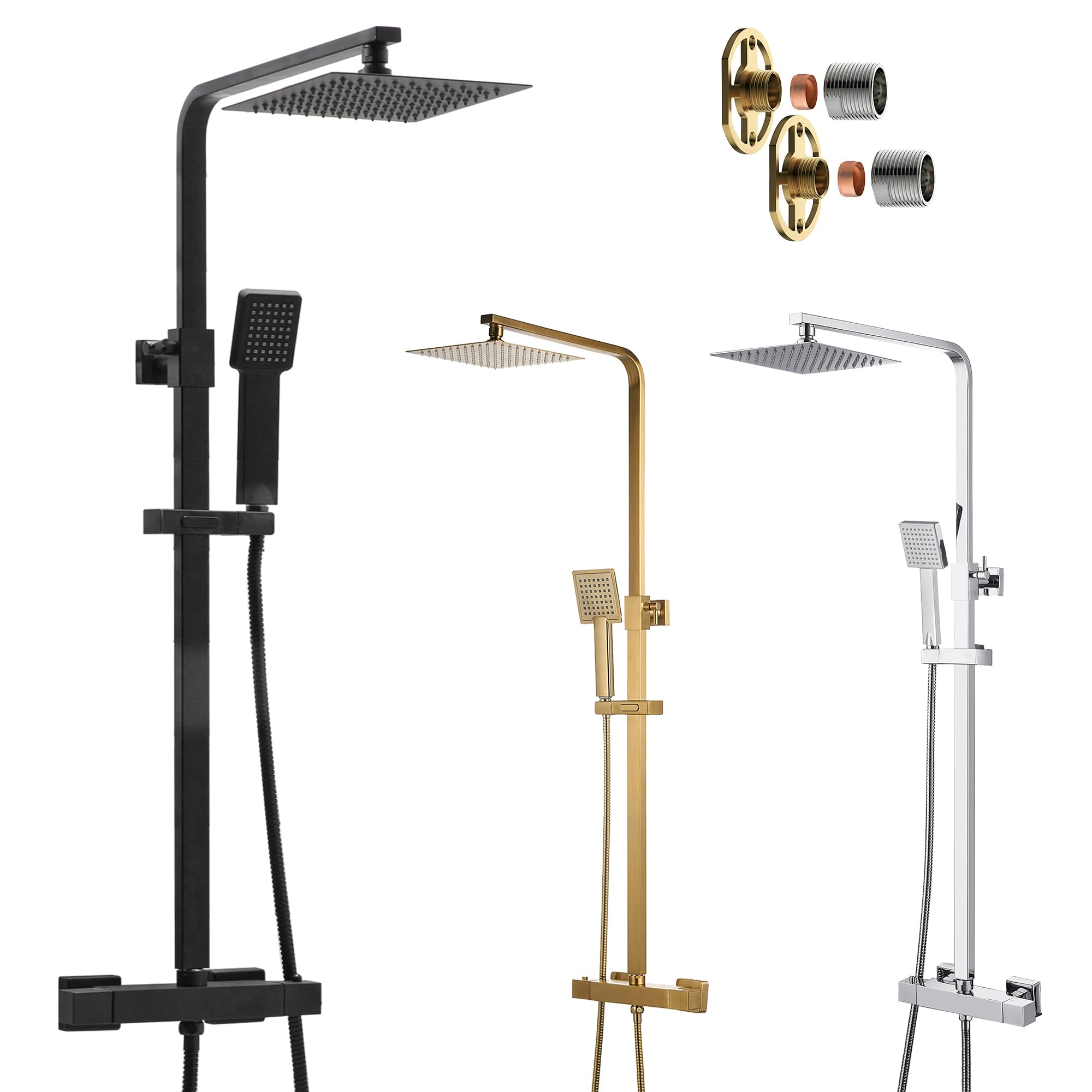 Square Thermostatic Shower Kit Twin Head Overhead Rigid Riser - Chrome Brushed Brass Matt Black (Matt Black)