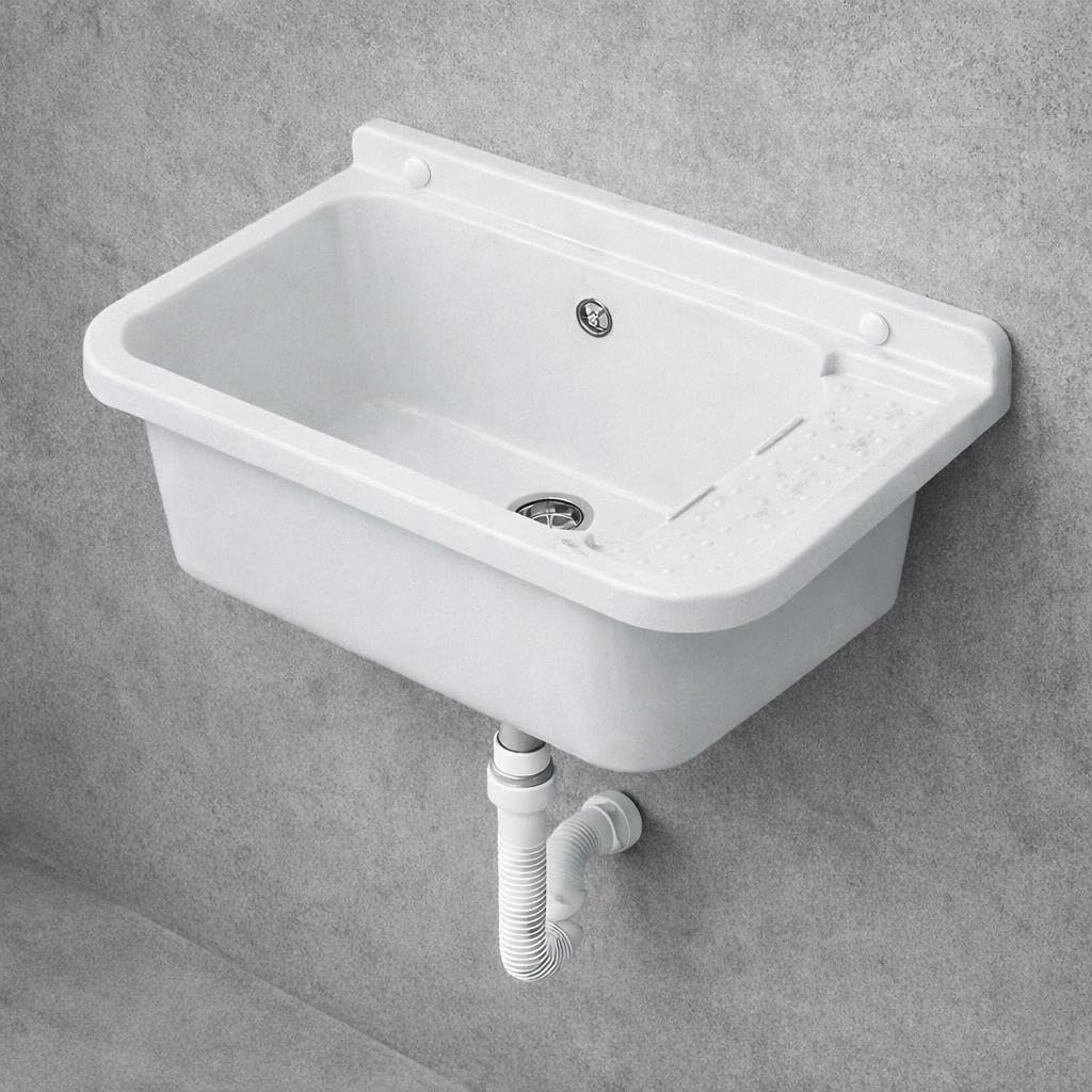 Évier mural/poste d’eau utilitaire 50 cm en polypropylène blanc – Bonde inox + trop-plein – Cuve 37x27x21 cm – Intérieur/extérieur