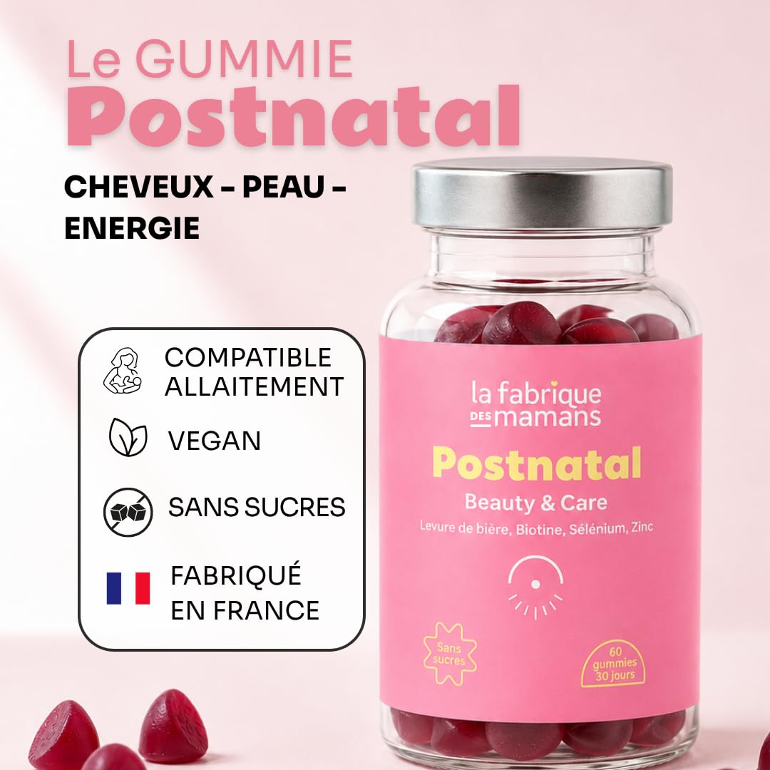 Postpartum - 60 Gummies vegan sans sucres - Complément Alimentaire - Biotine - Croissance Pousse et Renforcement des Cheveux - Régénération de la Peau - Fabriqué en France - La Fabrique des Mamans.