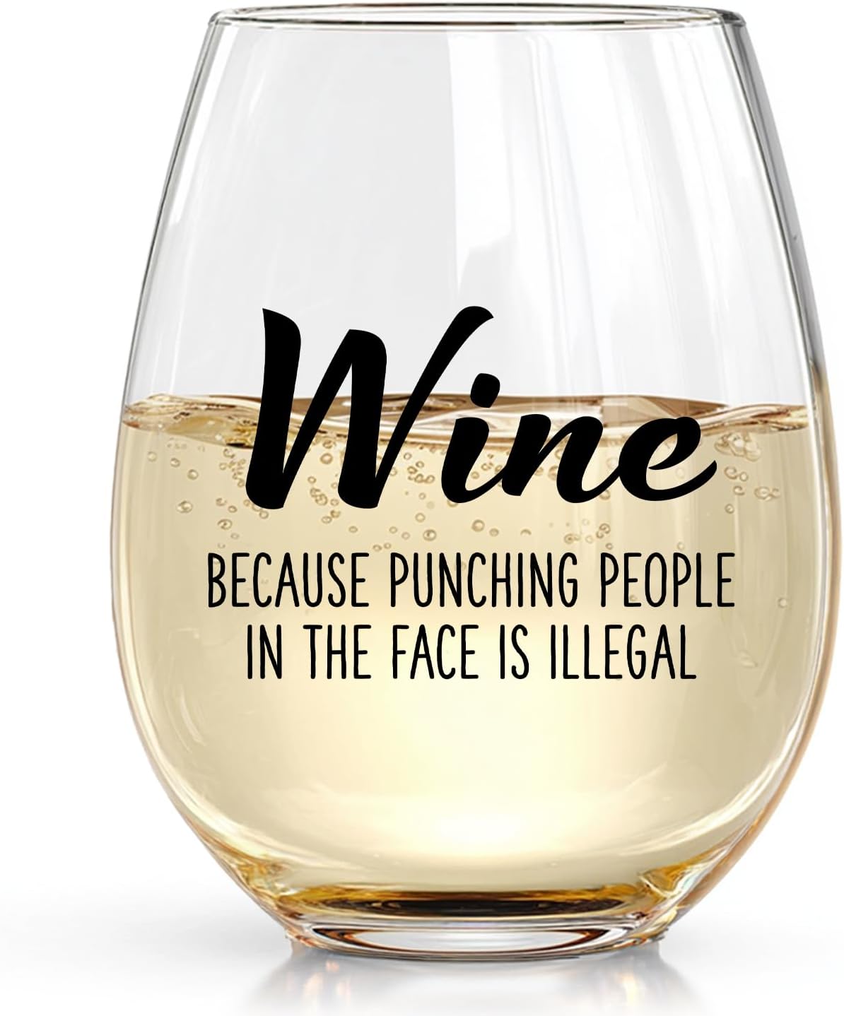 Wine Because Punching People in the Face is Illegal - Funny 15oz Stemless Wine Glass - Novelty Gifts for Women, Men, Mom, Sister, Friend, Coworker, Boss, Aunt - Unique Birthday, Christmas