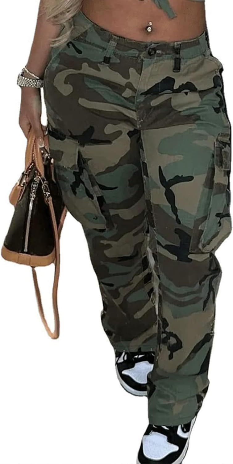 Generic Women Camo Cargo Pants High Waist Casual Baggy Wide Leg Camouflage Army Fatigue Slim Fit Parachute Joggers Sweatpants