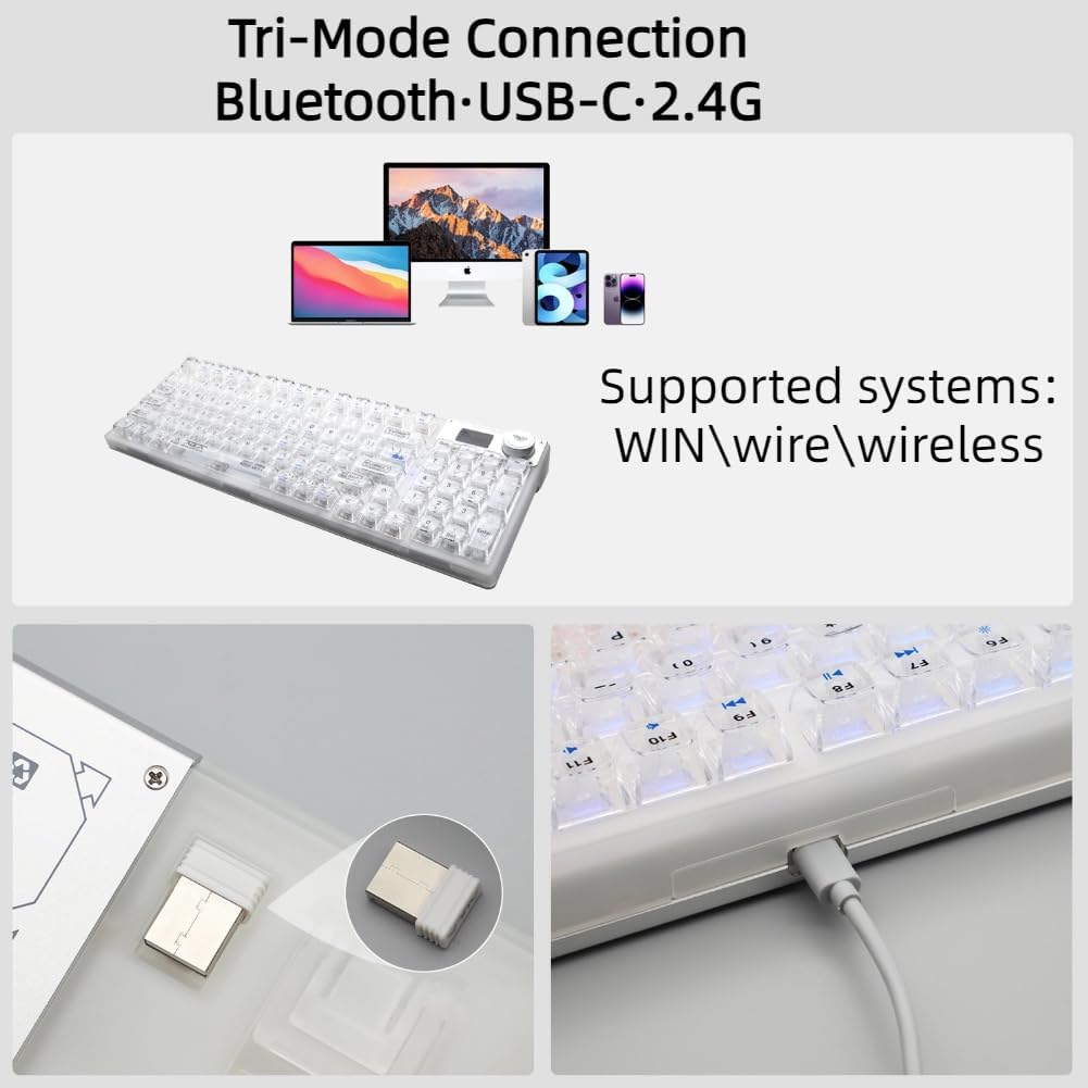 F98 Pro 95% Hot-Swappable Mechanical Keyboard – Transparent Keycaps, RGB Backlit Gaming Keyboard, Tri-Mode BT5.0/2.4G/USB-C, OLED Display, 4000mAh Battery, Pink (White) - Image 3