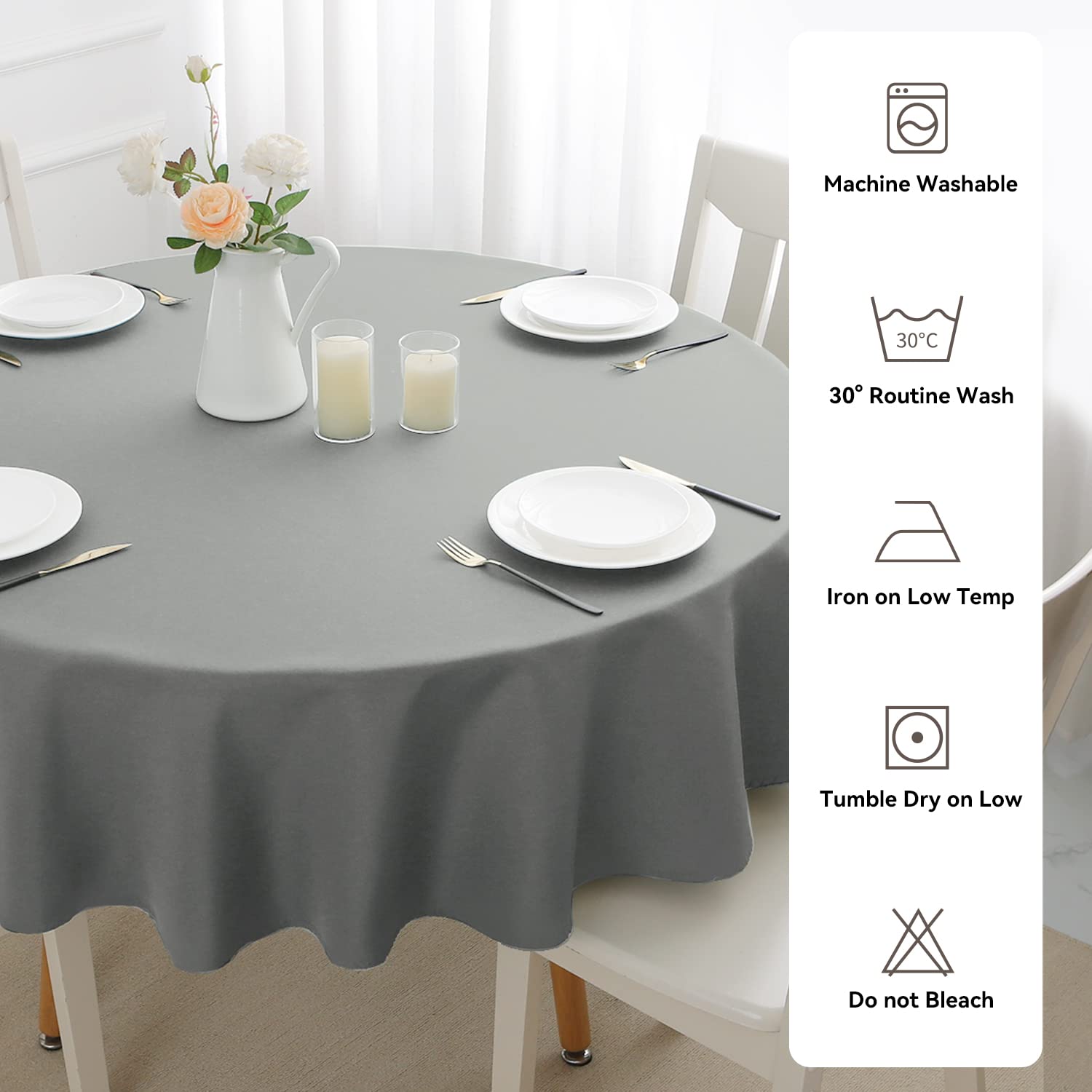 Romanstile Mantel redondo impermeable, manteles resistentes a las manchas, lavables, sin arrugas, de poliéster, cubiertas de mesa para cocina, comedor, fiesta, boda, interior y exterior - Gris claro