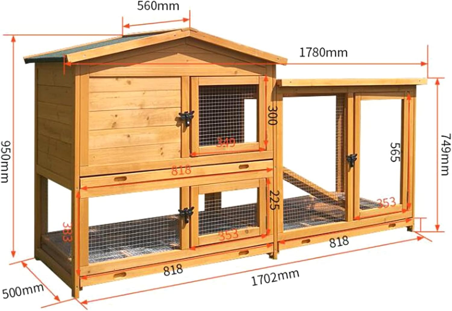 Kattenhuis van twee verdiepingen, huisdiervilla met uittrekbaar dienblad, binnen- en buitenkooi voor hond/kat/konijn/kip, dierenhok