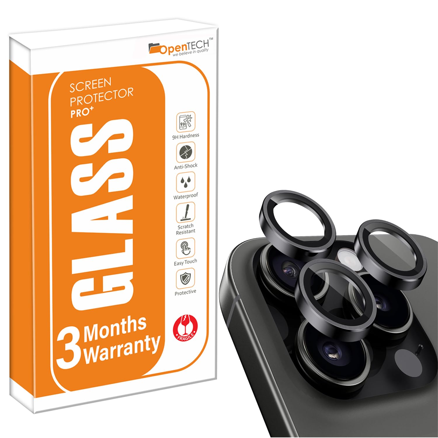 opentech® premium camera lens protector tempered glass compatible for iphone 15 pro / 15 pro max with individual camera lens ring protector (black)