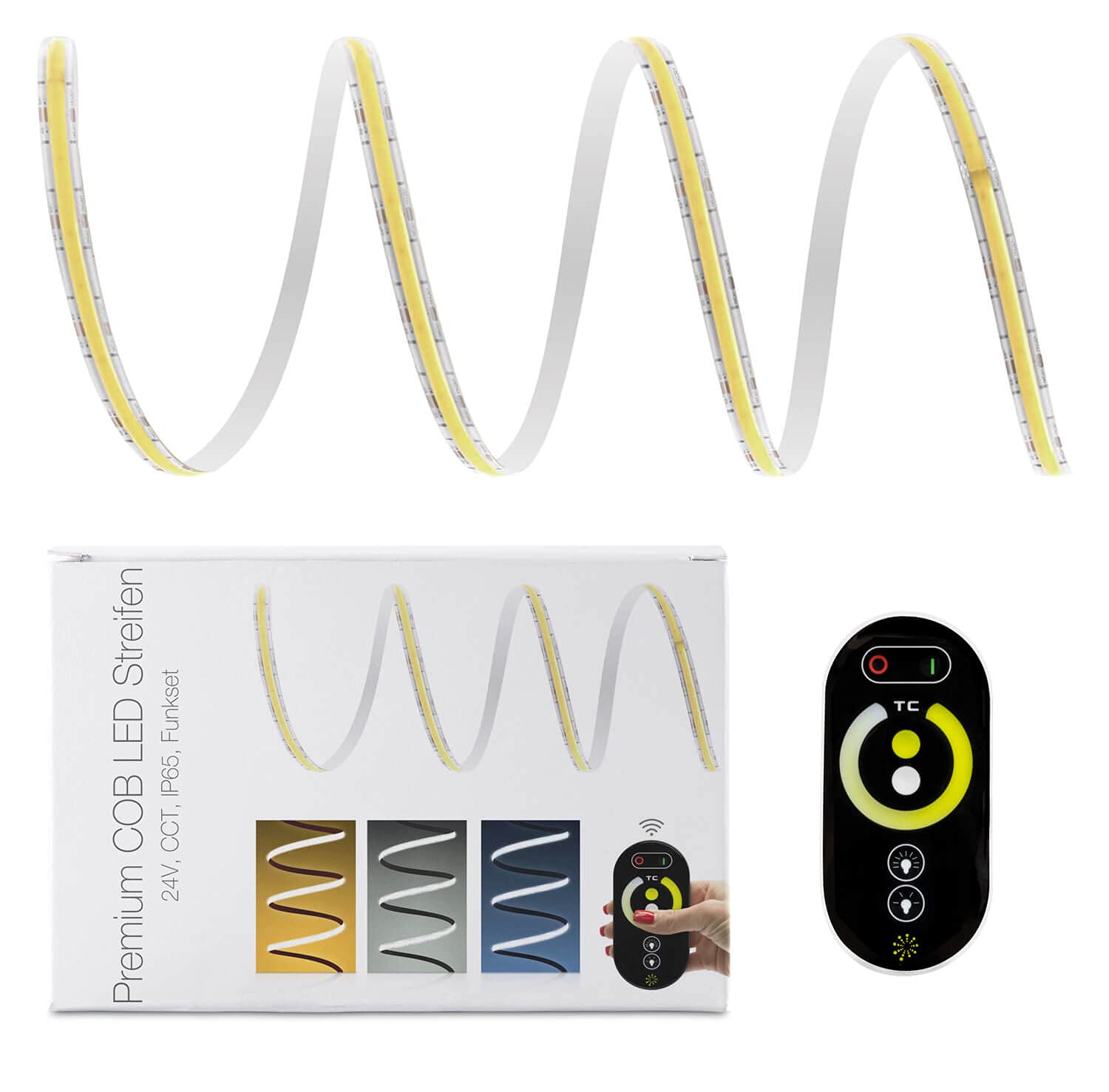 LED Universum Juego de tiras LED COB CCT blanco dual, con mando a distancia, controlador y fuente de alimentación, filamento prémium, 24 V, IP65, blanco dual (3 metros)