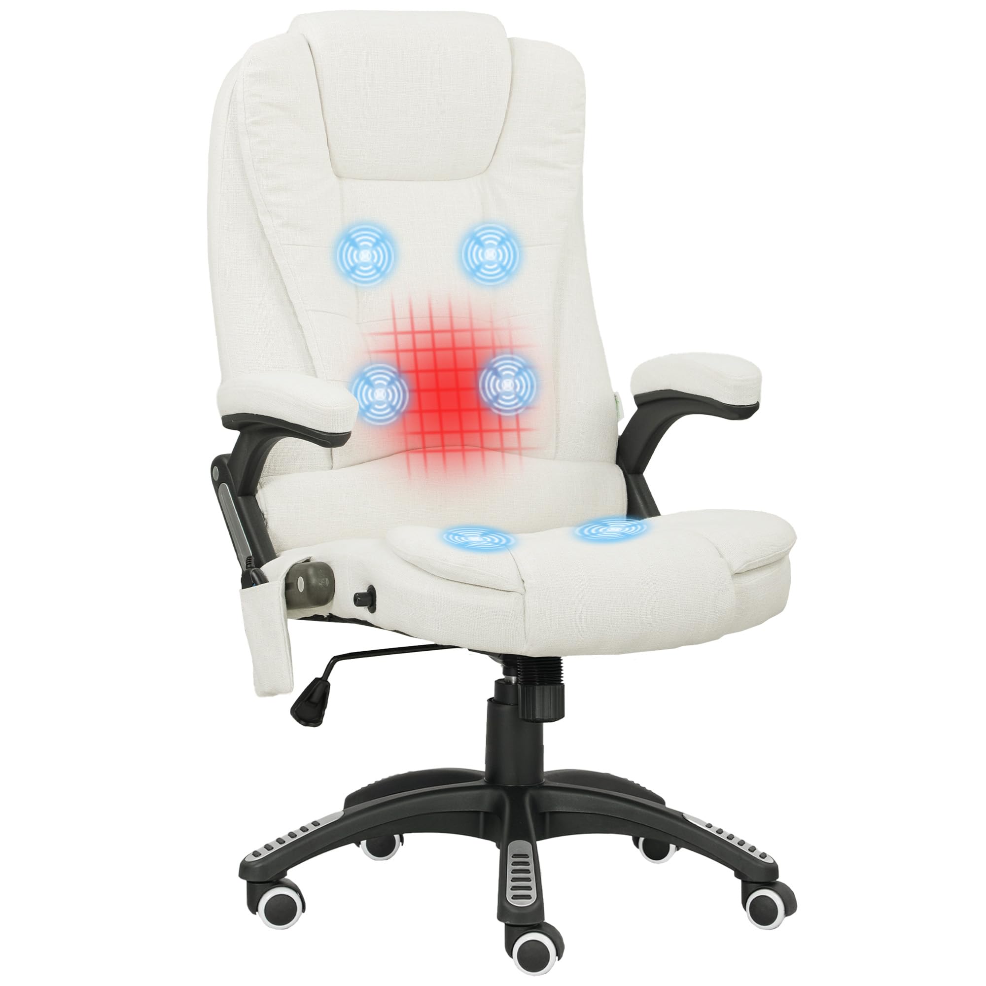 Vinsetto Bürostuhl mit Massagefunktion Ergonomischer Chefsessel mit Heizfunktion, Liegefunktion, Wippfunktion Höhenverstellbar 360° Drehbar Computerstuhl mit Seitentasche, Leinenoptik, Cremeweiß