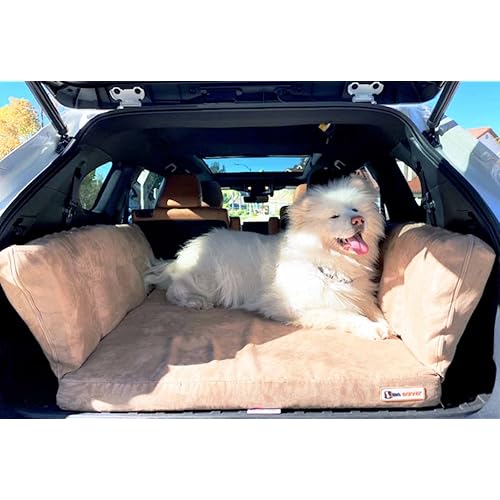 Barker Beds Orthopedic Dog Bed for Large Dogs - Memory Foam SUV Travel Bed with Machine-Washable Cover & Headrest - Vet-Recommended Joint Support for Big Dogs - Made in USA (Khaki)
