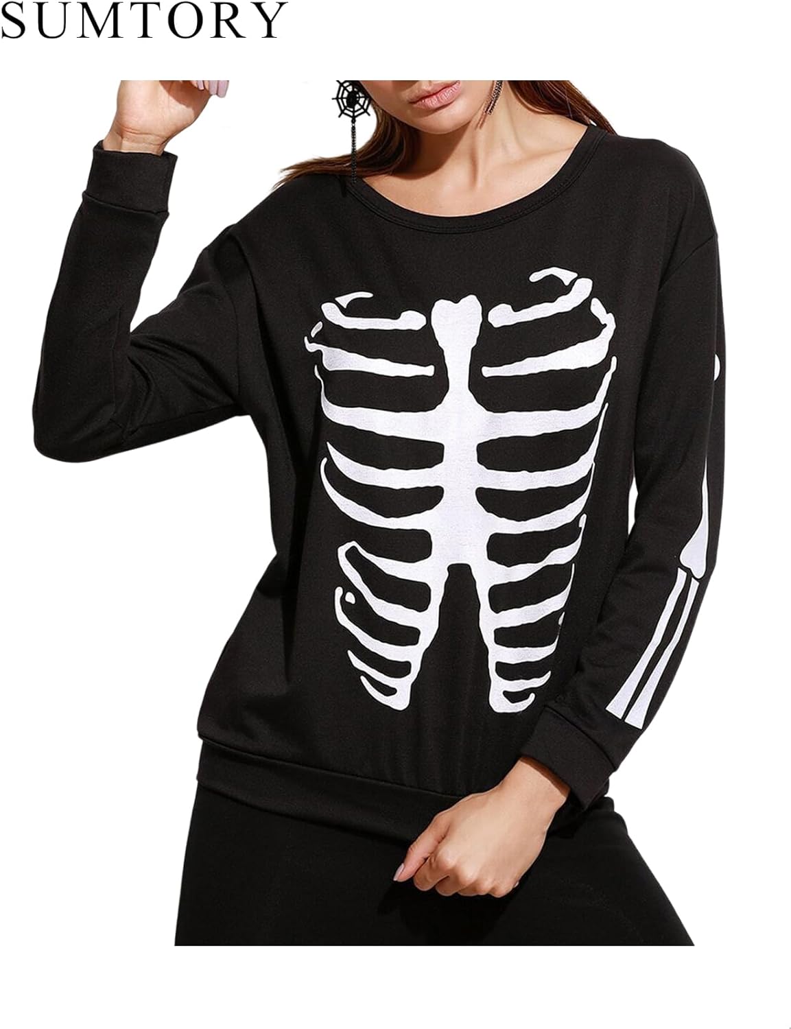 Sumtory Women Halloween Theme Skeleton Print Long Sleeve Sweatshirt Tops - Image 2
