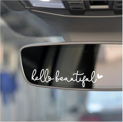 Vista 2 de 3 calcomanías con texto “Hello Beautiful” para espejo retrovisor, decoración de vinilo, accesorios para regalar para el auto, decoración para mujer